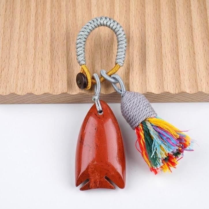 Gemstone Fish Keychain for Car Hanging, Woven Tassel Purse Bag Charm, Hand Carved Stone Animal Key Accessory Gift