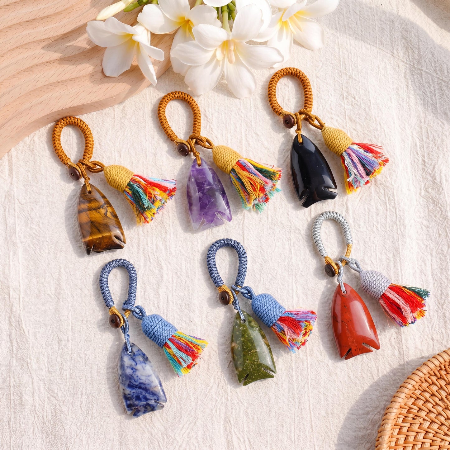 Gemstone Fish Keychain for Car Hanging, Woven Tassel Purse Bag Charm, Hand Carved Stone Animal Key Accessory Gift