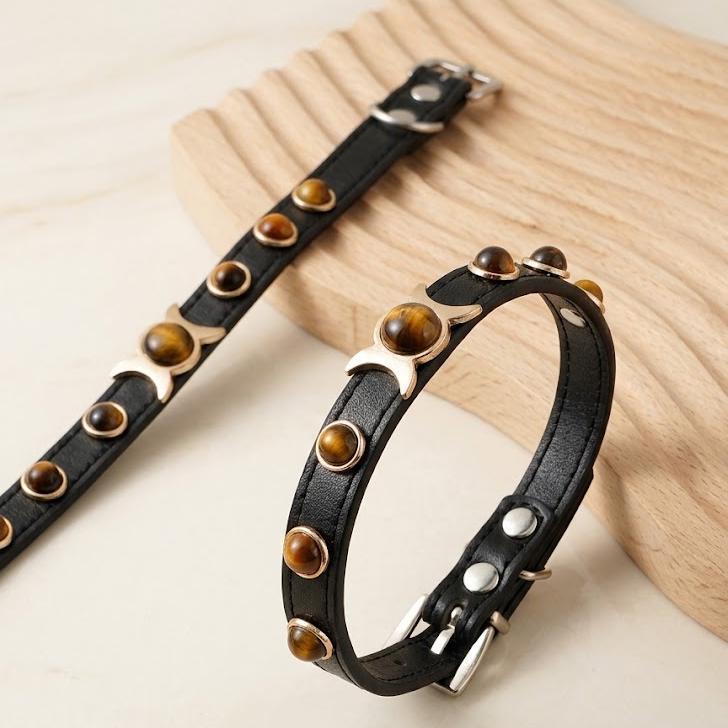 Tiger Eye Gemstone Dog Collar, Luxury PU Leather Pet Necklace, Cat Safety Collar, Unique New Pet Gift Gear