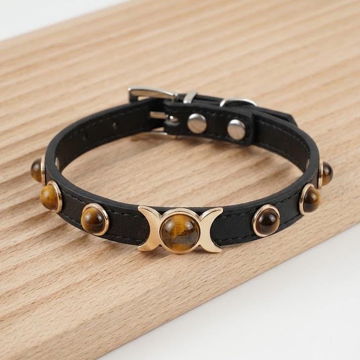 Tiger Eye Gemstone Dog Collar, Luxury PU Leather Pet Necklace, Cat Safety Collar, Unique New Pet Gift Gear
