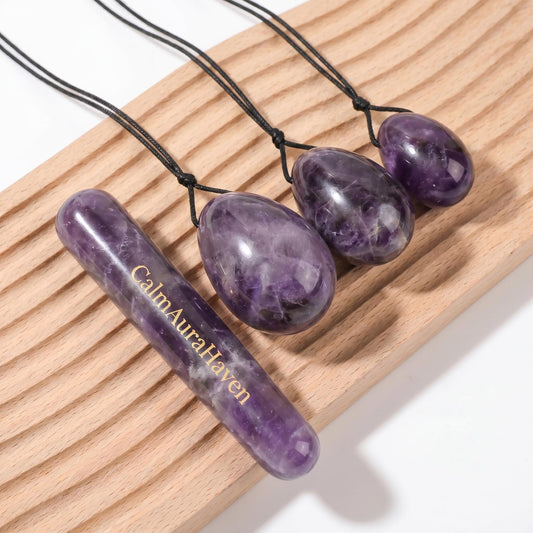 Amethyst Crystal Egg Set with Gemstone 3 Eggs + Massager Wand, Polished Healing Stones for Relaxation & Decor