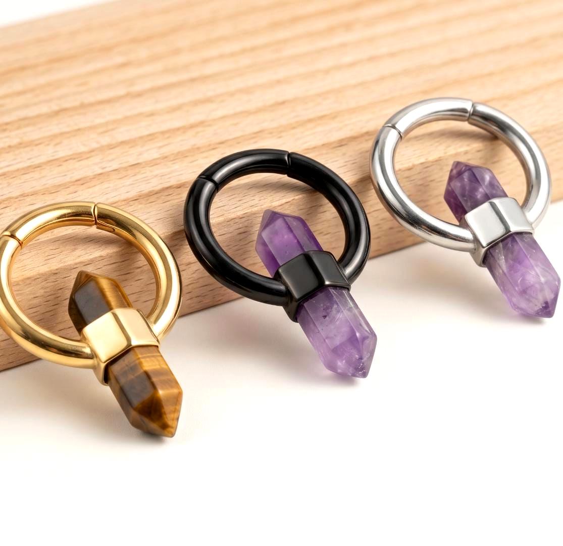 Crystal Ear Weights, Stone Ear Hangers, Stretched Ears Jewelry, Amethyst Tiger Eye Earrings, Boho Piercing Hoop, Gift for Her