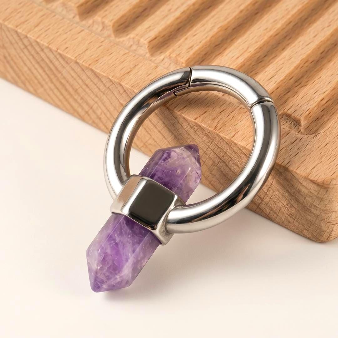 Crystal Ear Weights, Stone Ear Hangers, Stretched Ears Jewelry, Amethyst Tiger Eye Earrings, Boho Piercing Hoop, Gift for Her