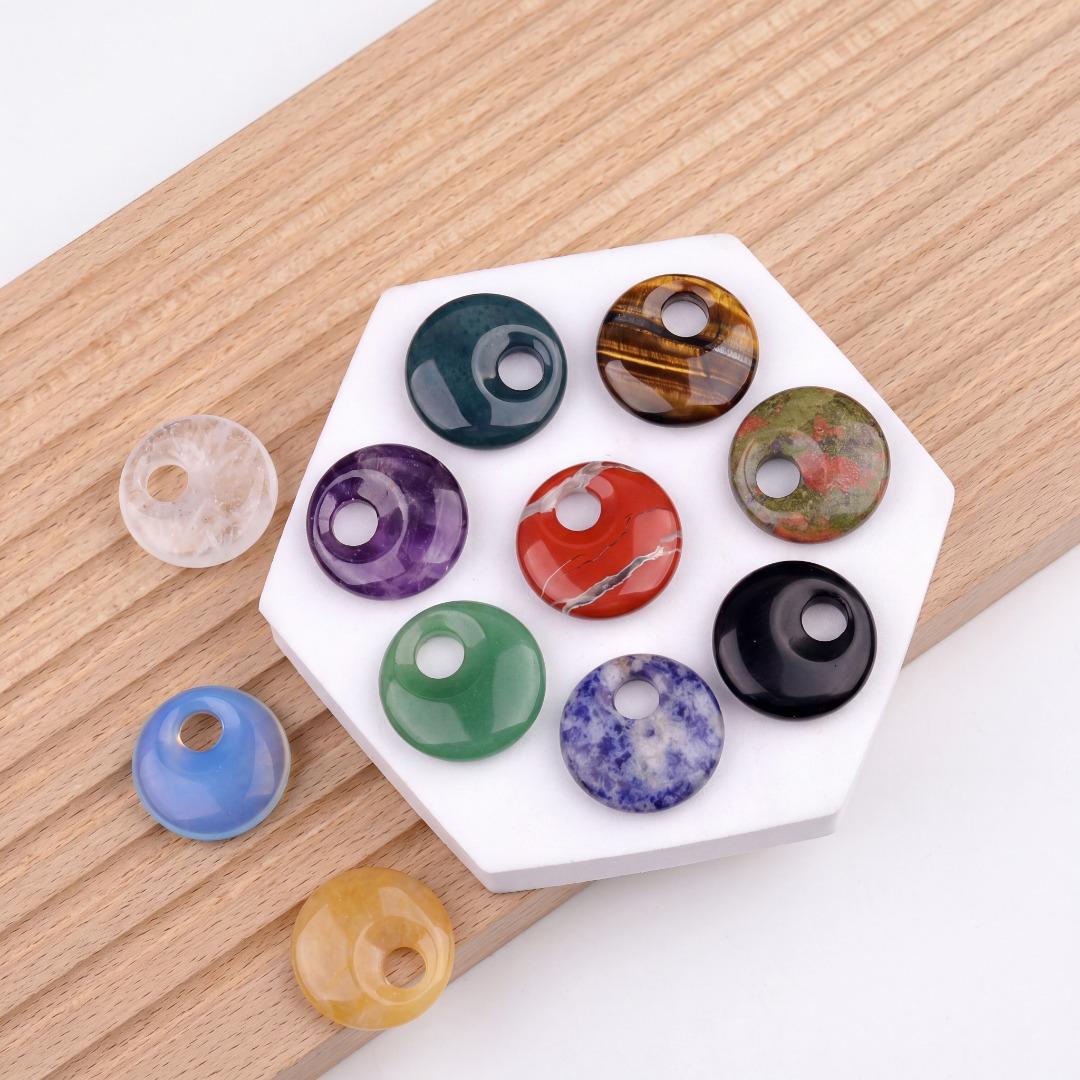 Natural Crystal Donut Pendant, Earrings, Mixed Gemstone Round Disc Token, DIY Jewelry Supply Gift