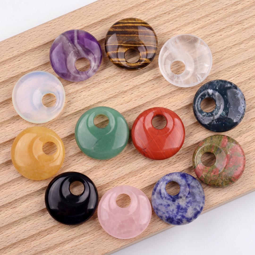 Natural Crystal Donut Pendant, Earrings, Mixed Gemstone Round Disc Token, DIY Jewelry Supply Gift