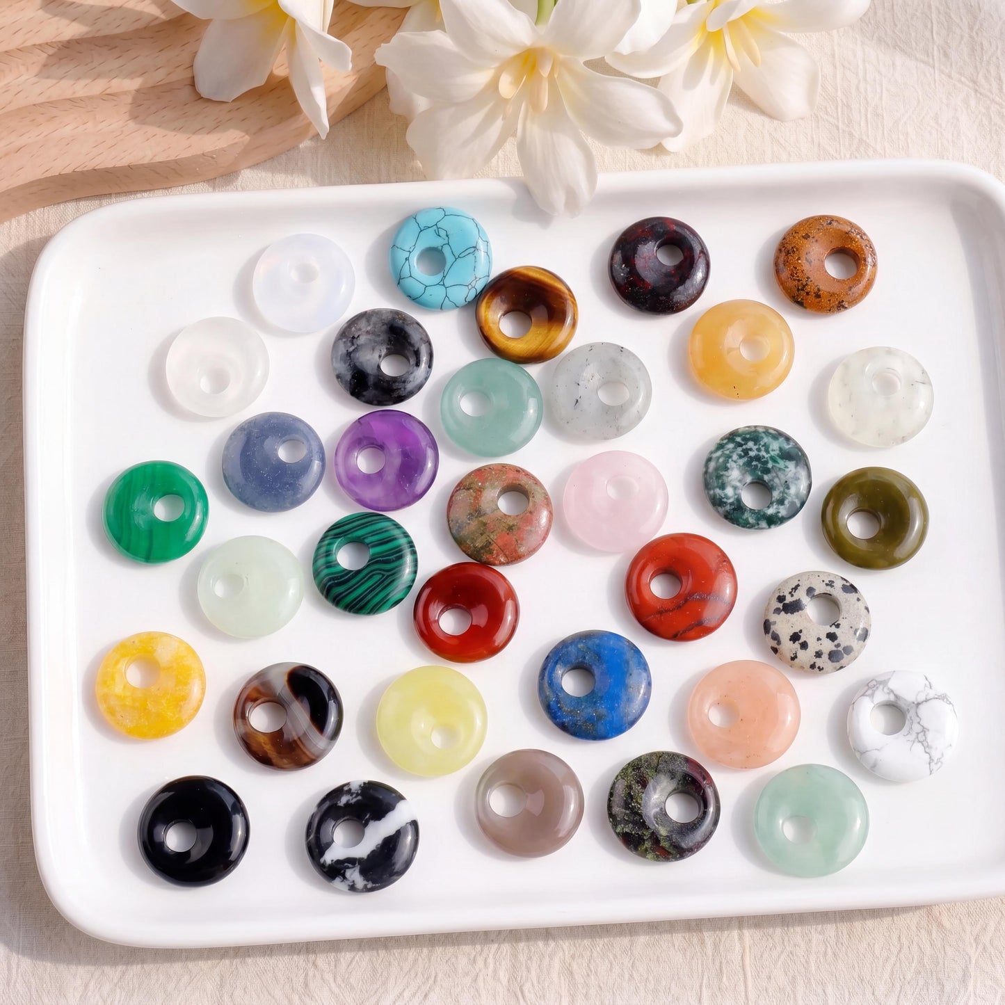 Natural Crystal Donut Pendant, Earrings, Mixed Gemstone Round Disc Token, DIY Jewelry Supply Gift