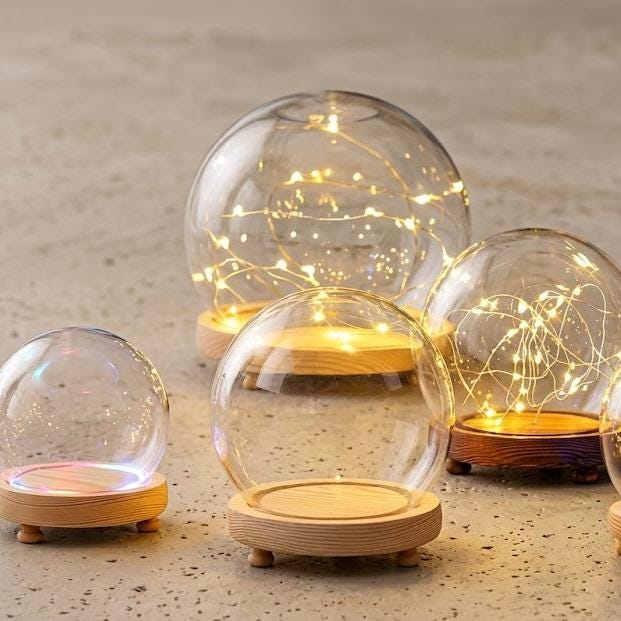 LED Light Up Glass Cloche Dome, Wooden Display Base, Crystal Specimen Stand, Preserved Flower Glass Cover Gift, Custom Engraved
