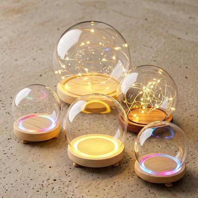 LED Light Up Glass Cloche Dome, Wooden Display Base, Crystal Specimen Stand, Preserved Flower Glass Cover Gift, Custom Engraved