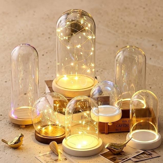 LED Light Up Glass Cloche Dome, Wooden Display Base, Crystal Specimen Stand, Preserved Flower Glass Cover Gift, Custom Engraved