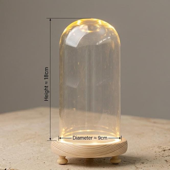 LED Light Up Glass Cloche Dome, Wooden Display Base, Crystal Specimen Stand, Preserved Flower Glass Cover Gift, Custom Engraved