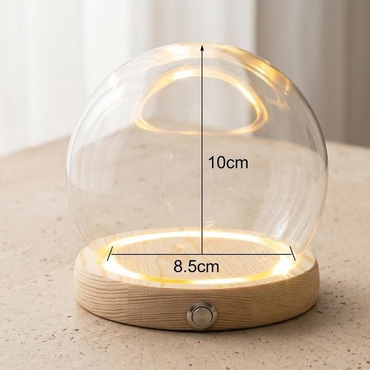 LED Light Up Glass Cloche Dome, Wooden Display Base, Crystal Specimen Stand, Preserved Flower Glass Cover Gift, Custom Engraved