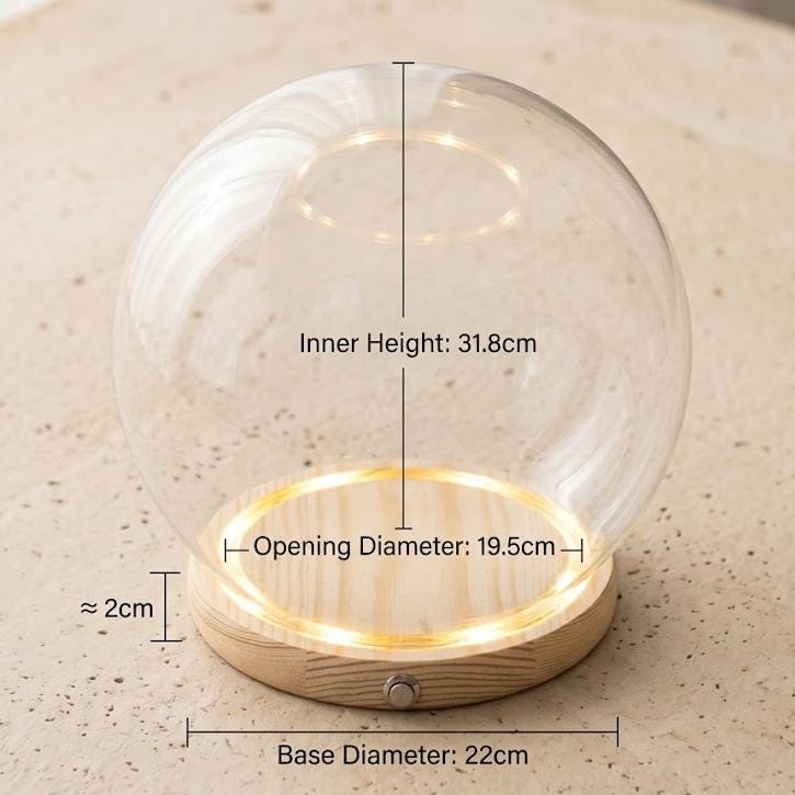 LED Light Up Glass Cloche Dome, Wooden Display Base, Crystal Specimen Stand, Preserved Flower Glass Cover Gift, Custom Engraved