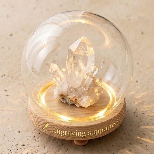 LED Light Up Glass Cloche Dome, Wooden Display Base, Crystal Specimen Stand, Preserved Flower Glass Cover Gift, Custom Engraved
