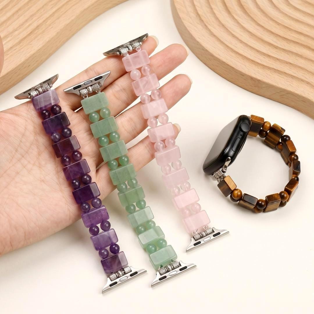 Natural Gemstone Watch Band for Apple Watch, Amethyst Aventurine Tiger Eye Beaded Strap, Crystal Jewelry Smartwatch Bracelet Gift for Her