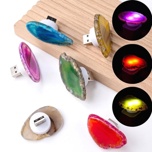 Natural Agate Slice USB Night Light Colorful Crystal Atmosphere Lamp Minimalist Desk Ornament Aesthetic Bedroom Decor Unique Quartz Gift