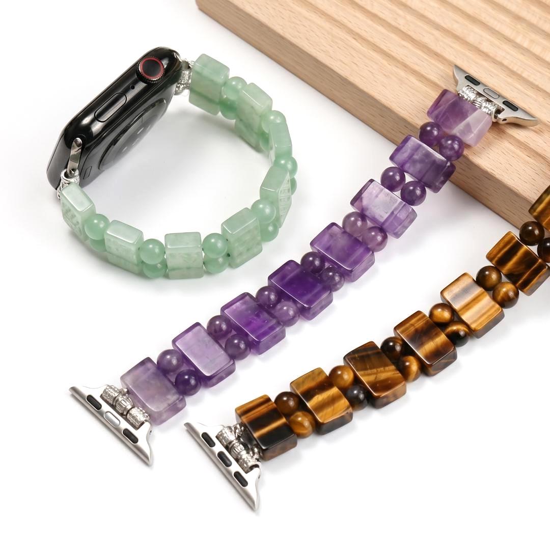 Natural Gemstone Watch Band for Apple Watch, Amethyst Aventurine Tiger Eye Beaded Strap, Crystal Jewelry Smartwatch Bracelet Gift for Her