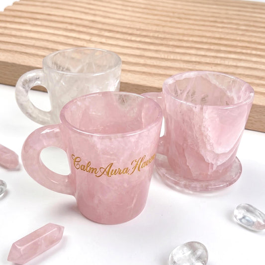 Hand-Carved Rose Quartz Heart Coffee Mug Set, Crystal Tea Cups, Romantic Boho Drinkware for Wedding Favors, Customizable Valentine’s Gift