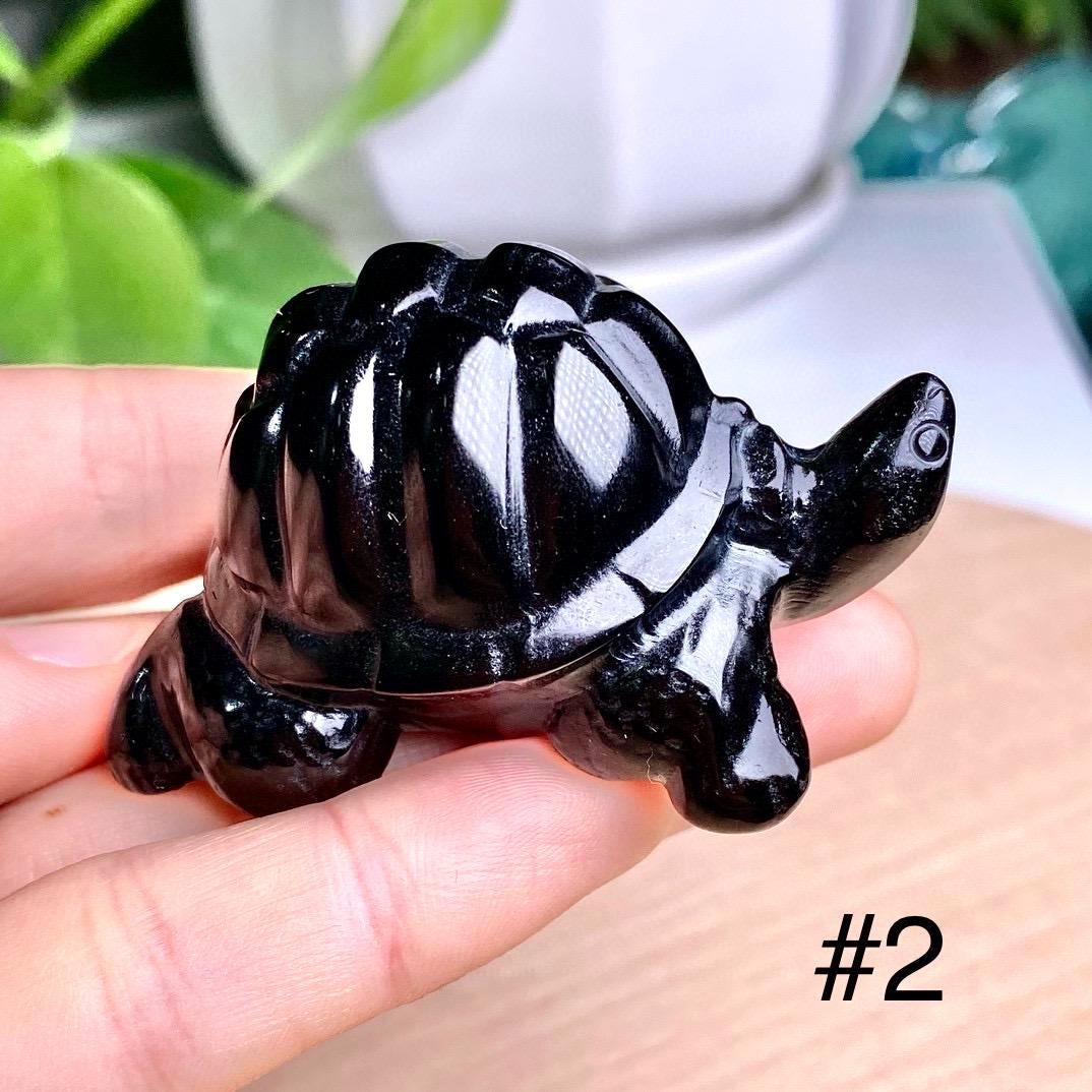 Black Obsidian Turtle Statue: Hand Carved Natural Gemstone Tortoise Figurine - Mystical Protection Stone Animal Home Decor