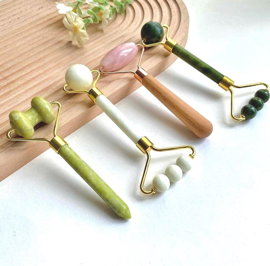 Natural Jade Face Roller, Crystal Facial Massage Tool with Wooden Handle, Skincare Self Care Massager, Gift for Her