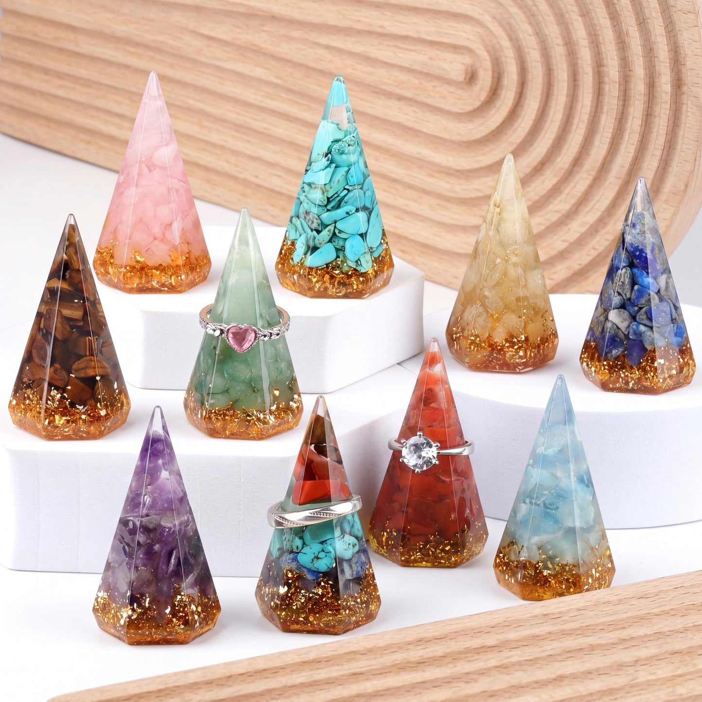 Crystal Ring Holder Cone, Orgonite Resin Jewelry Display Stand, Crystal Chips Stone Ring Organizer for Vanity, Wedding Ring Display Gift