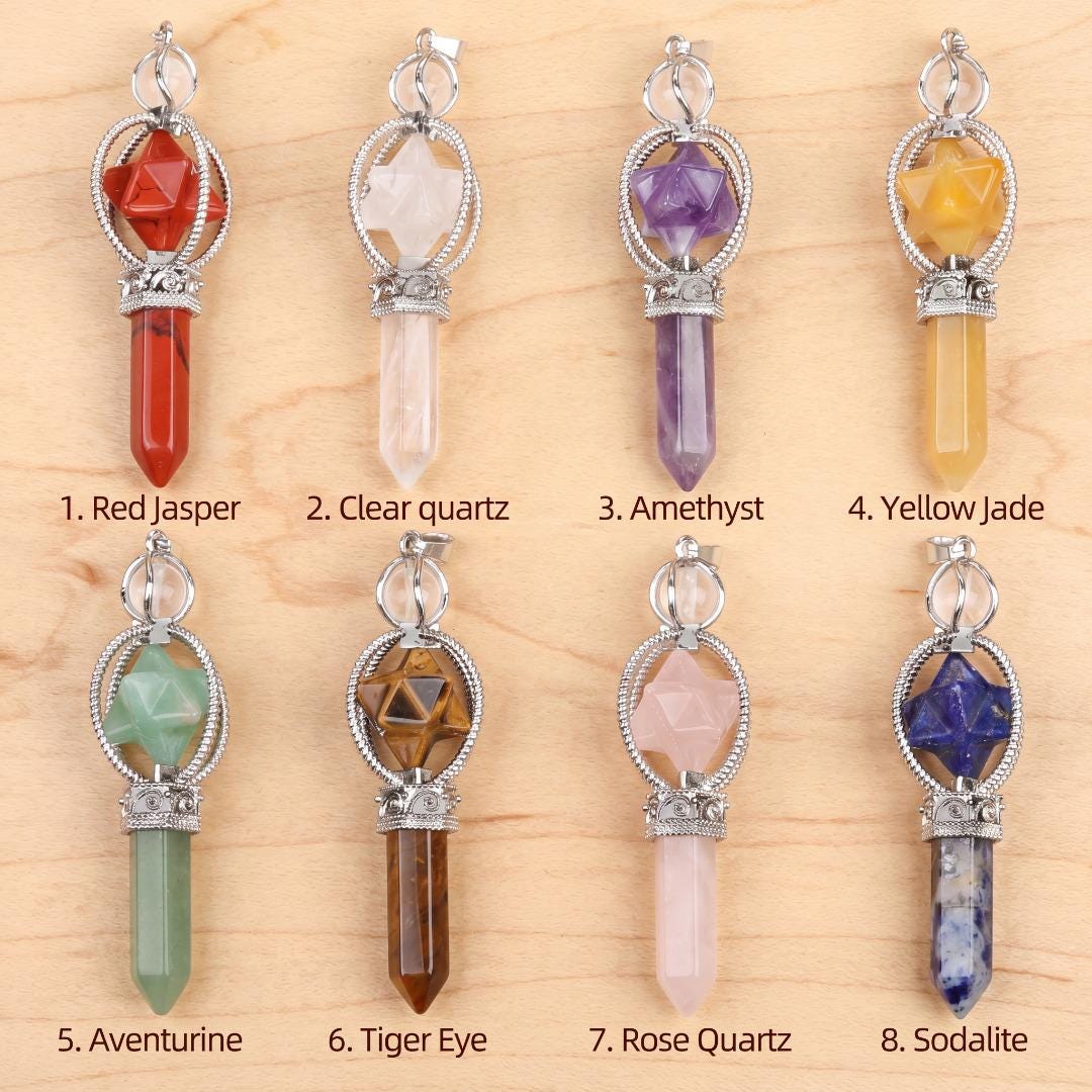 Crystal Pendulum Pendant, Gemstone Merkaba Star Hexagonal Point, Dowsing Token Charm Necklace Gift for Her