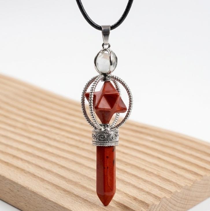 Crystal Pendulum Pendant, Gemstone Merkaba Star Hexagonal Point, Dowsing Token Charm Necklace Gift for Her