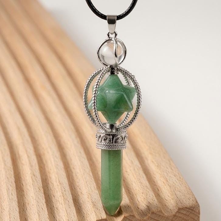 Crystal Pendulum Pendant, Gemstone Merkaba Star Hexagonal Point, Dowsing Token Charm Necklace Gift for Her