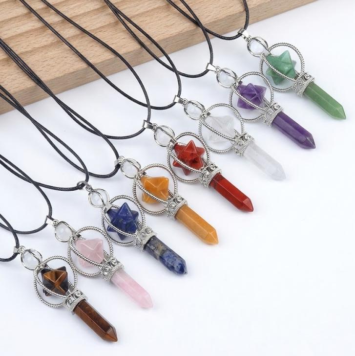 Crystal Pendulum Pendant, Gemstone Merkaba Star Hexagonal Point, Dowsing Token Charm Necklace Gift for Her