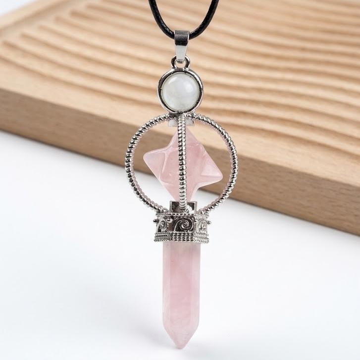 Crystal Pendulum Pendant, Gemstone Merkaba Star Hexagonal Point, Dowsing Token Charm Necklace Gift for Her