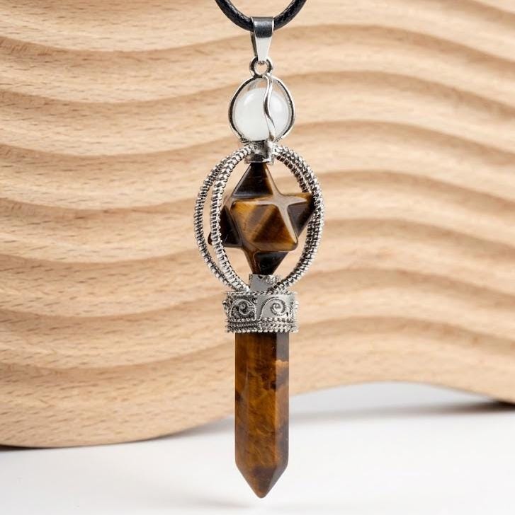 Crystal Pendulum Pendant, Gemstone Merkaba Star Hexagonal Point, Dowsing Token Charm Necklace Gift for Her