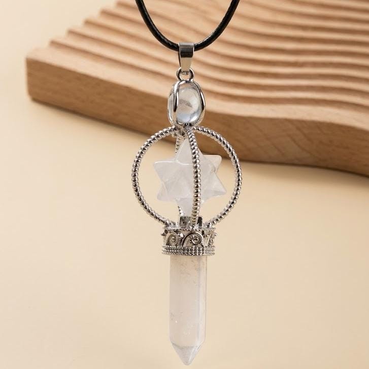 Crystal Pendulum Pendant, Gemstone Merkaba Star Hexagonal Point, Dowsing Token Charm Necklace Gift for Her