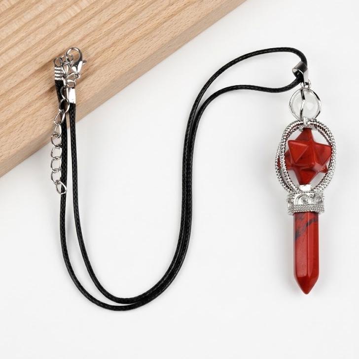 Crystal Pendulum Pendant, Gemstone Merkaba Star Hexagonal Point, Dowsing Token Charm Necklace Gift for Her