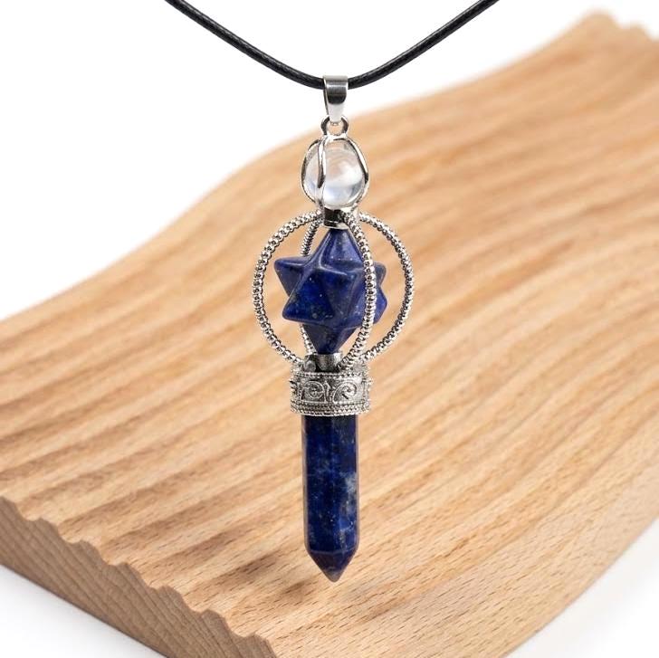 Crystal Pendulum Pendant, Gemstone Merkaba Star Hexagonal Point, Dowsing Token Charm Necklace Gift for Her