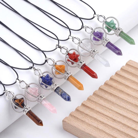 Crystal Pendulum Pendant, Gemstone Merkaba Star Hexagonal Point, Dowsing Token Charm Necklace Gift for Her