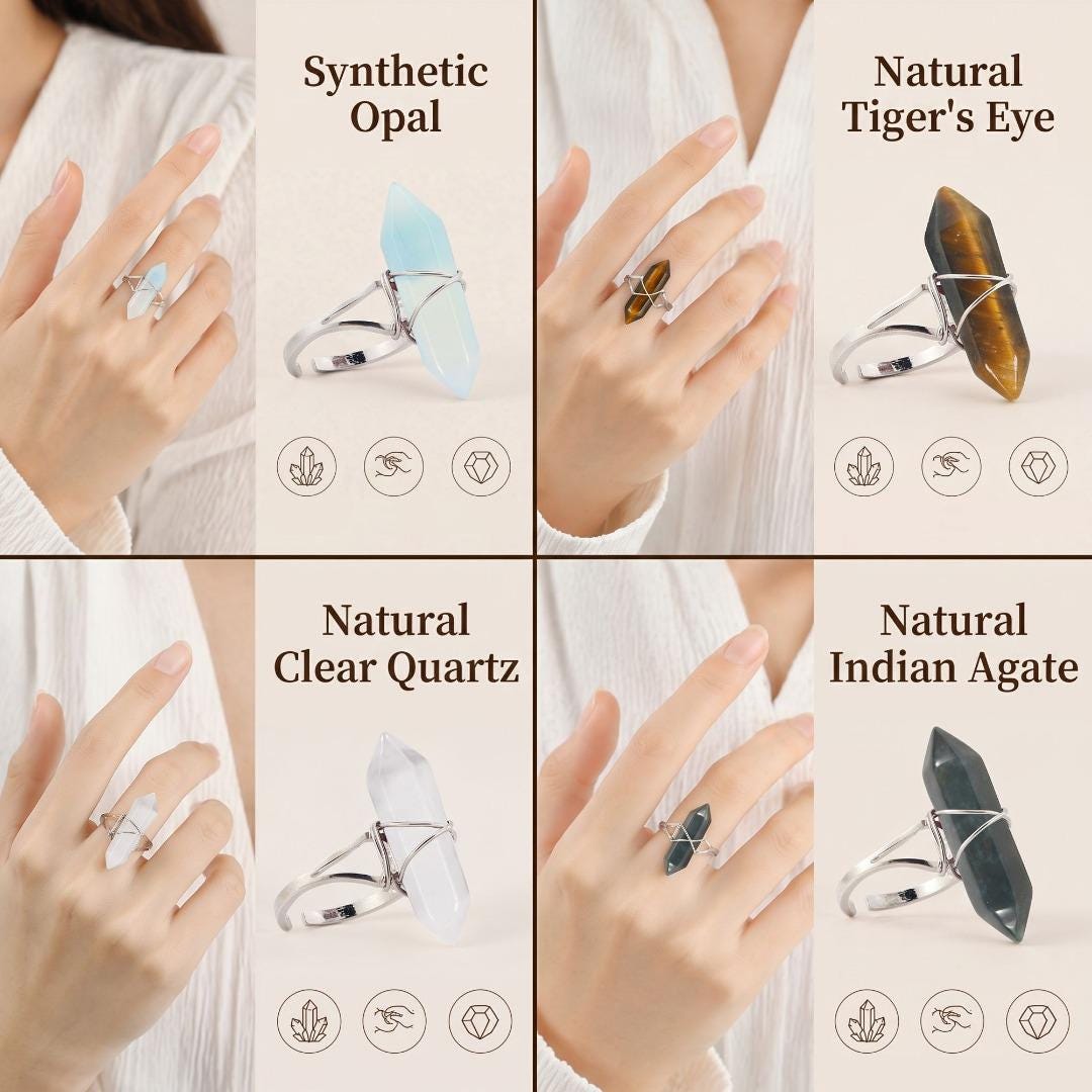 Crystal Point Ring, Adjustable Wire Wrapped Gemstone Ring, Dainty Stackable Rings for Women, Custom Birthstone Jewelry, Hippie Gift for Her