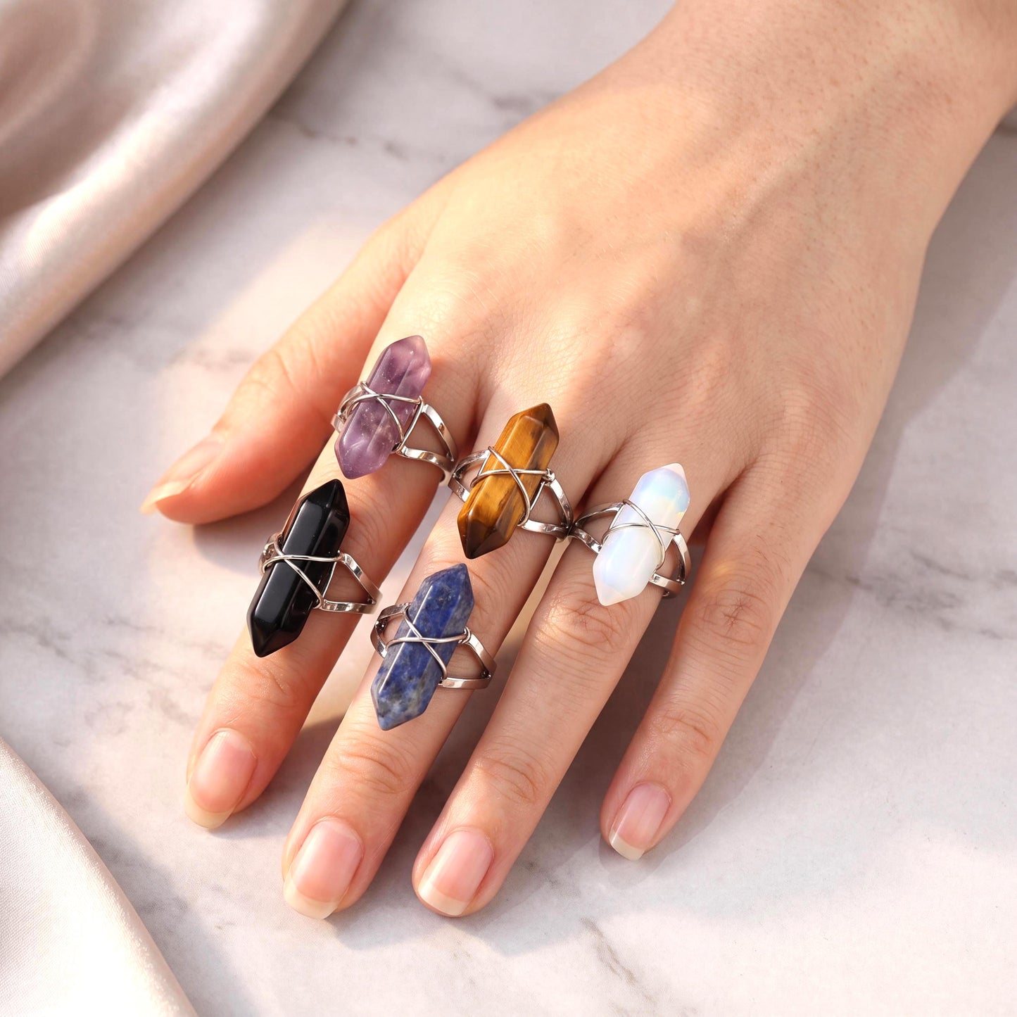Crystal Point Ring, Adjustable Wire Wrapped Gemstone Ring, Dainty Stackable Rings for Women, Custom Birthstone Jewelry, Hippie Gift for Her