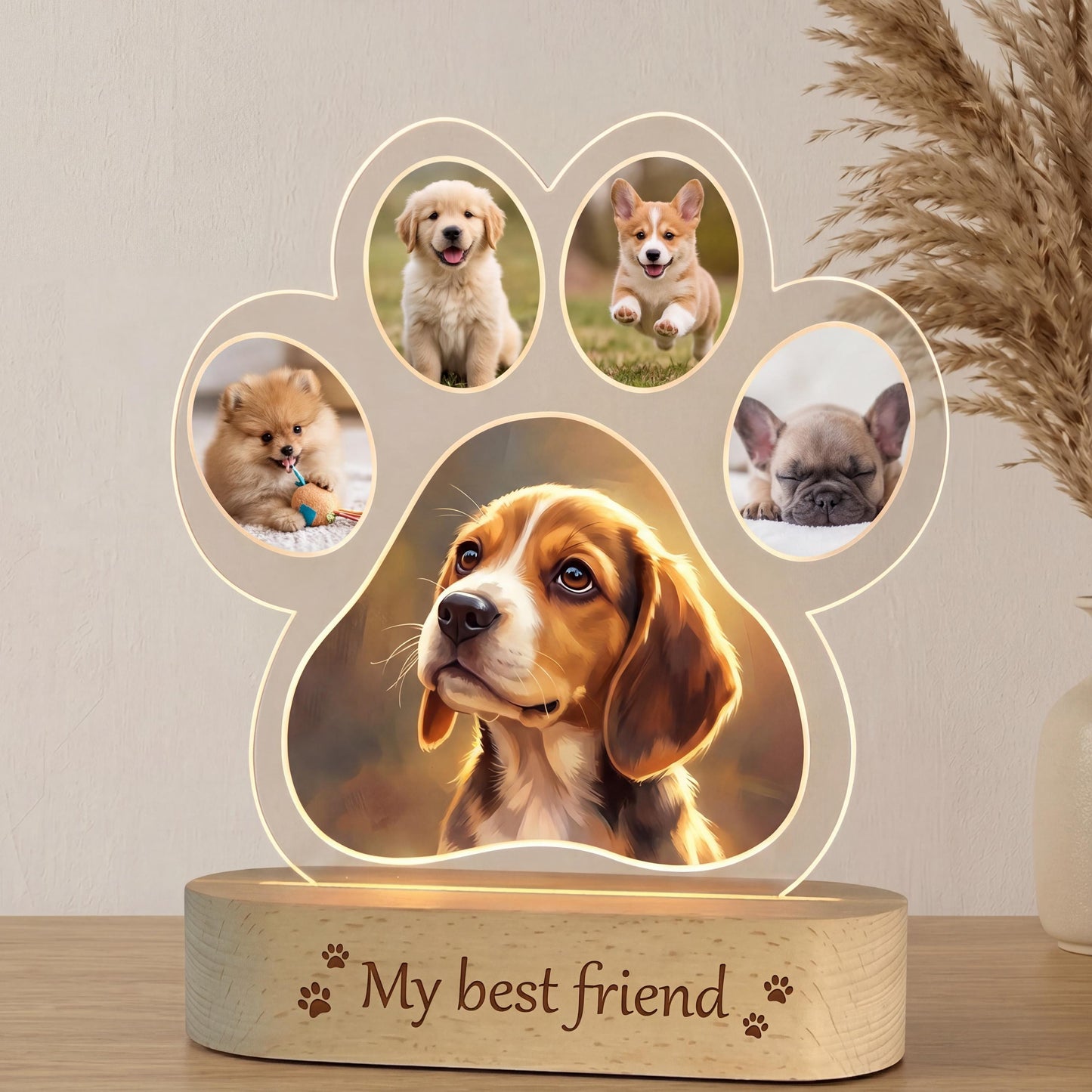 Custom Dog Photo Night Light, Pet Memorial Gift, Personalized Paw Print Lamp, 5 Photo Light Up Plaque, Loss of Dog Cat Sympathy Gift