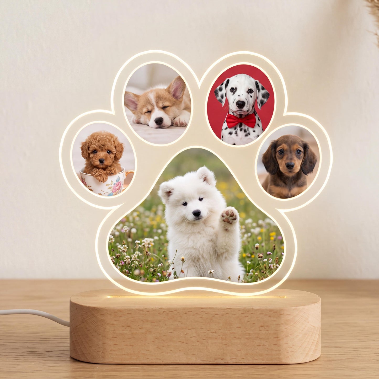 Custom Dog Photo Night Light, Pet Memorial Gift, Personalized Paw Print Lamp, 5 Photo Light Up Plaque, Loss of Dog Cat Sympathy Gift