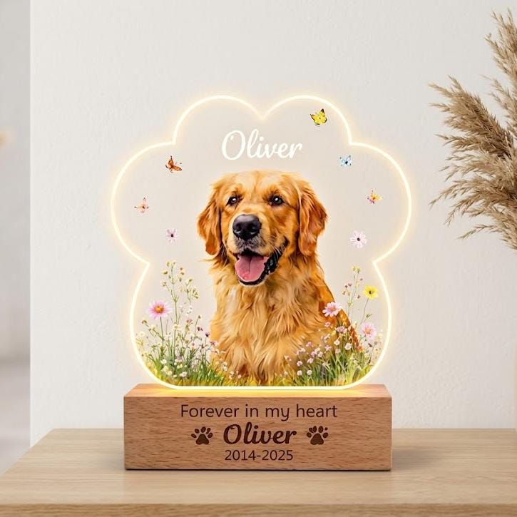 Custom Dog Photo Night Light, Pet Memorial Gift, Personalized Paw Print Lamp, 5 Photo Light Up Plaque, Loss of Dog Cat Sympathy Gift