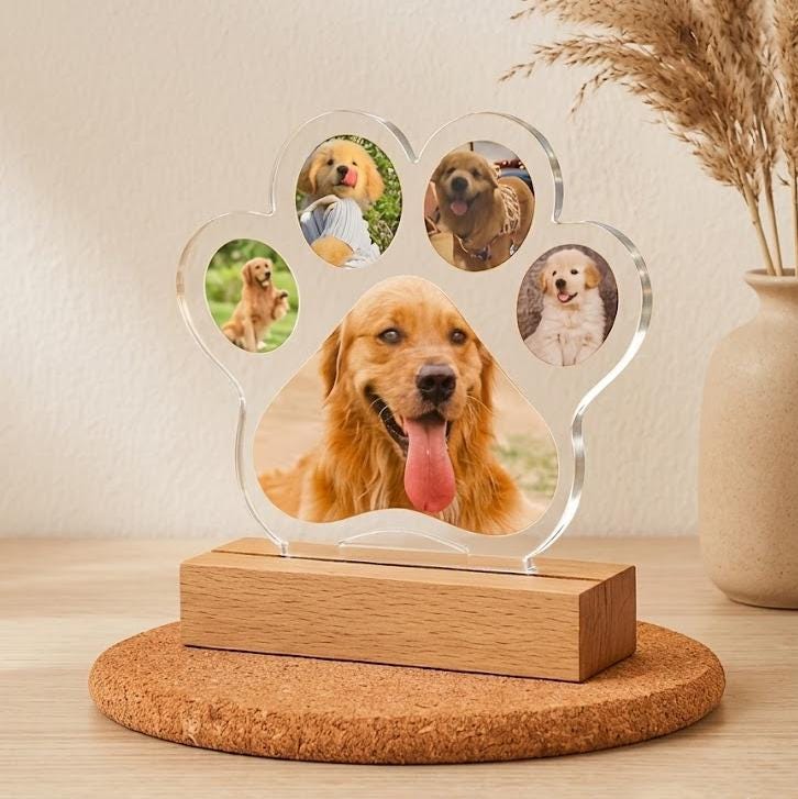 Custom Dog Photo Night Light, Pet Memorial Gift, Personalized Paw Print Lamp, 5 Photo Light Up Plaque, Loss of Dog Cat Sympathy Gift