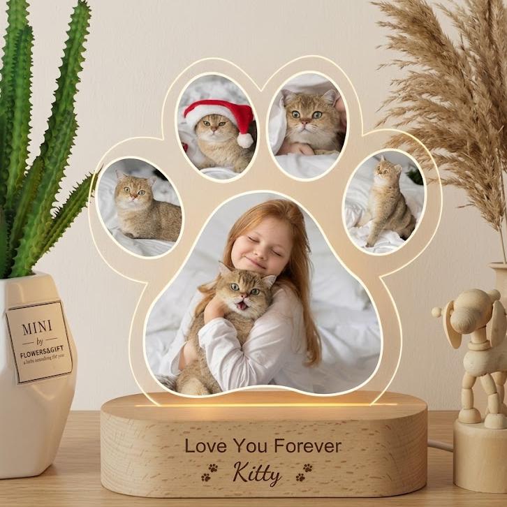 Custom Dog Photo Night Light, Pet Memorial Gift, Personalized Paw Print Lamp, 5 Photo Light Up Plaque, Loss of Dog Cat Sympathy Gift