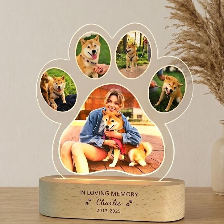 Custom Dog Photo Night Light, Pet Memorial Gift, Personalized Paw Print Lamp, 5 Photo Light Up Plaque, Loss of Dog Cat Sympathy Gift