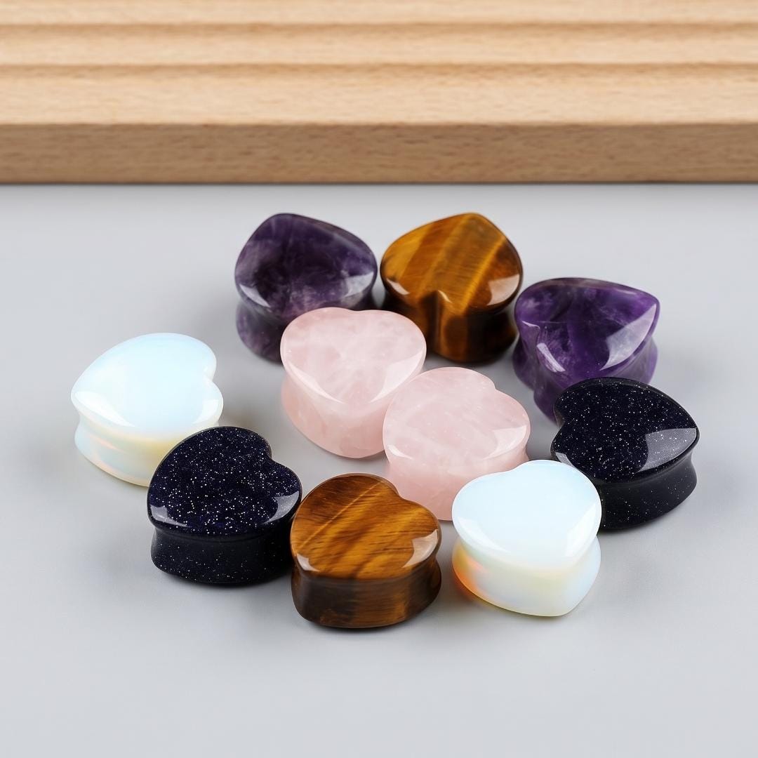 Heart Shaped Stone Plugs Double Flare，Amethyst Tiger Eye Ear Gauges，Gemstone Heart Earrings Fashion Accessory Gift