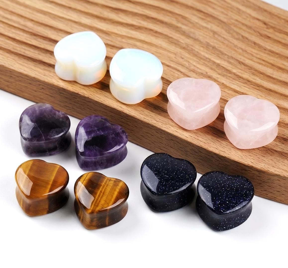 Heart Shaped Stone Plugs Double Flare，Amethyst Tiger Eye Ear Gauges，Gemstone Heart Earrings Fashion Accessory Gift