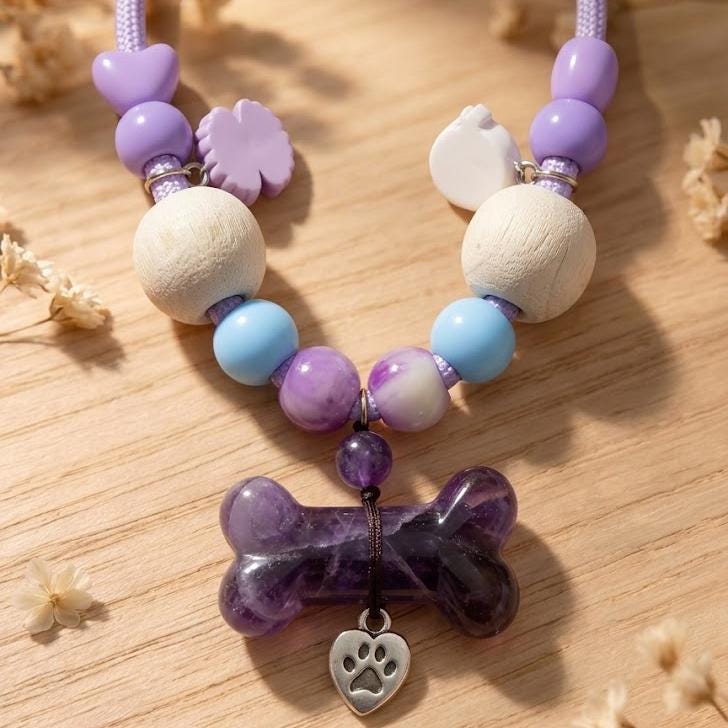 Adjustable Gemstone Dog Collar with Aromatic Wood Beads，Custom Size Pet Necklace，Premium Jewelry for Dogs and Cats Gift