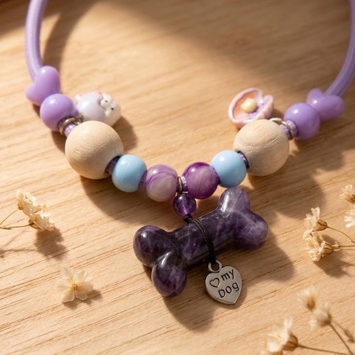 Adjustable Gemstone Dog Collar with Aromatic Wood Beads，Custom Size Pet Necklace，Premium Jewelry for Dogs and Cats Gift