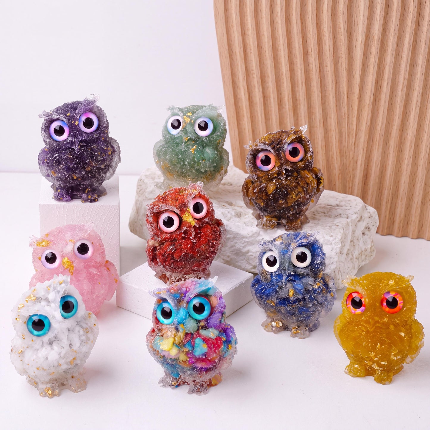 Natural Crystal Owl Figurine, Cute Gemstone Owl Statue, Tiny Quartz Animal Carving, Resin Owl Decor, Whimsical Room Decor, Housewarming Gift