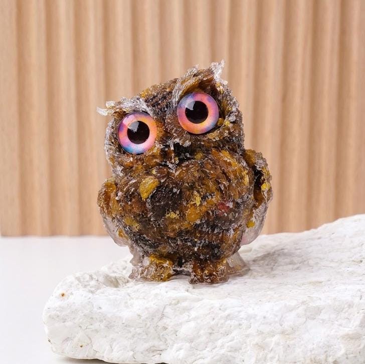 Natural Crystal Owl Figurine, Cute Gemstone Owl Statue, Tiny Quartz Animal Carving, Resin Owl Decor, Whimsical Room Decor, Housewarming Gift