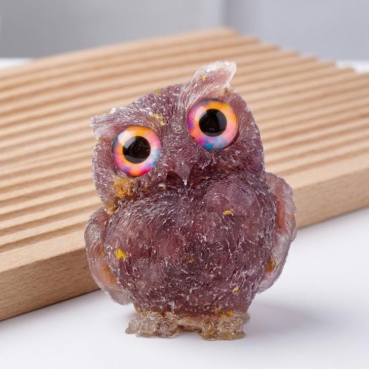 Natural Crystal Owl Figurine, Cute Gemstone Owl Statue, Tiny Quartz Animal Carving, Resin Owl Decor, Whimsical Room Decor, Housewarming Gift