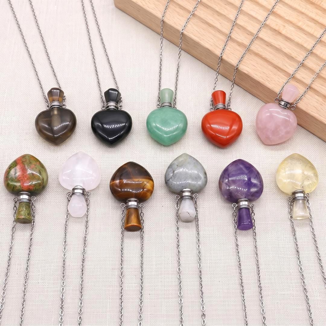 Heart Crystal Perfume Bottle Necklace, Natural Gemstone Essential Oil Vial Pendant, Dainty Healing Stone Vial, Mindful Self Care Gift